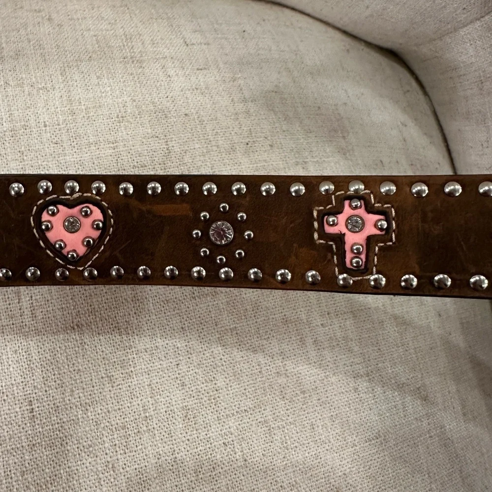 NEW Girl’s 22 Nocona Western Belt N4413644 Pink Rhinestone Heart Cross Religious